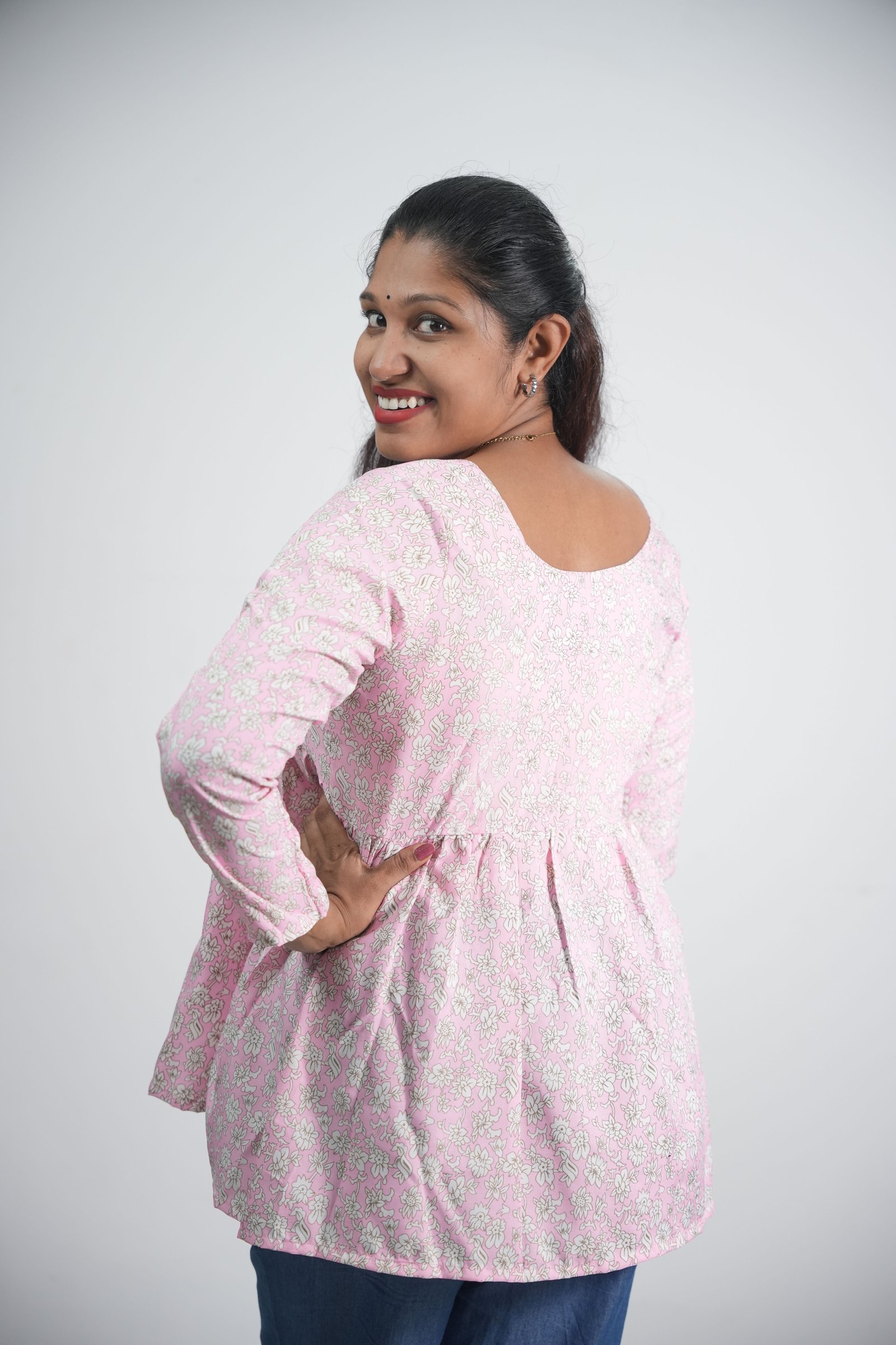 Womens Floral Print Pink Crepe Short Kurti